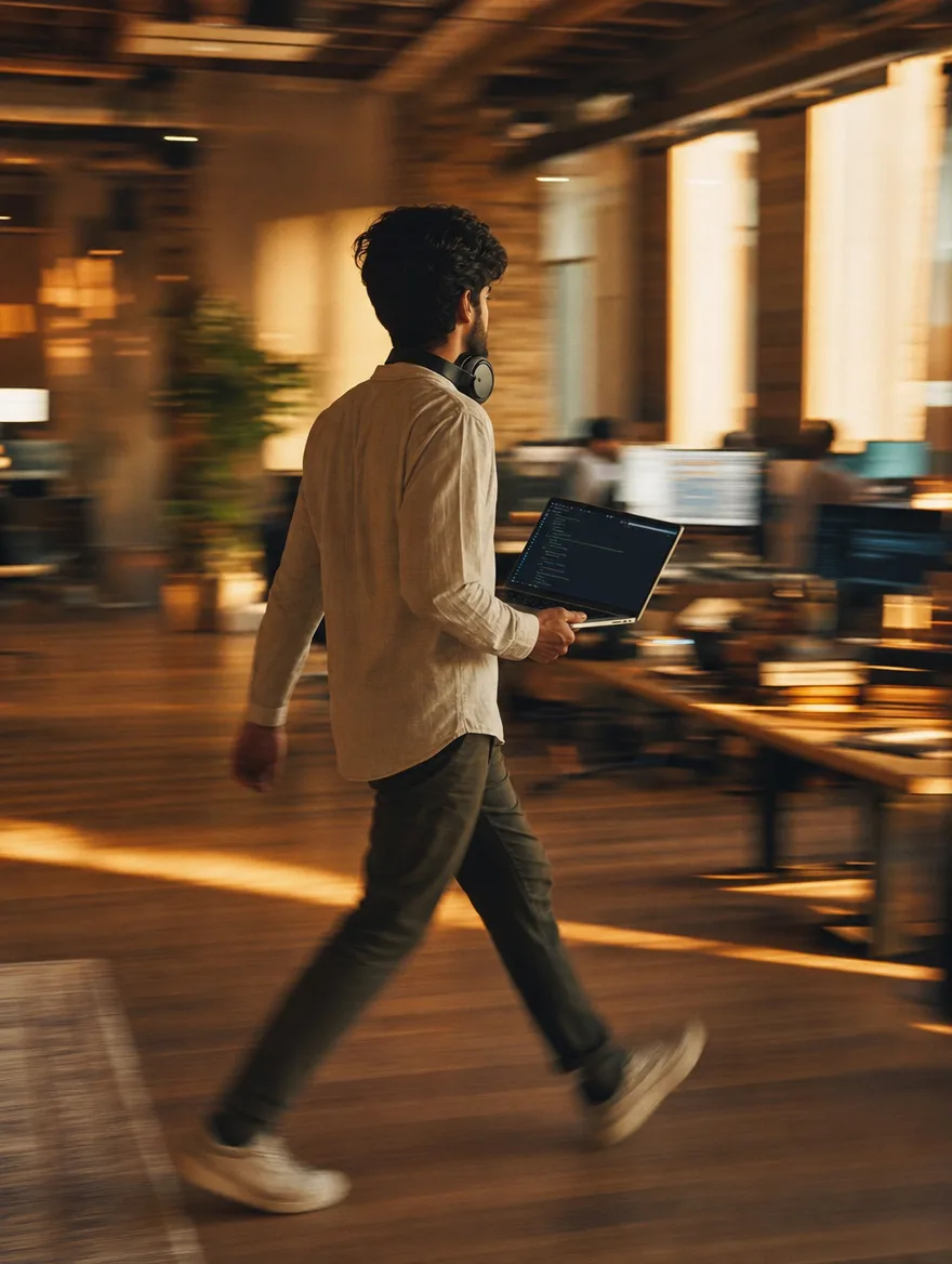 مبرمج يمشي بسرعة في مكتب حاملًا لابتوب، صورة دافئة فيها حركة