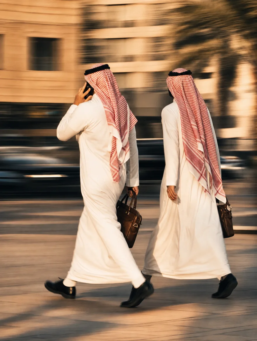 رجلا مبيعات يمشيان بسرعة وأحدهما يتكلم في الجوال، صورة دافئة فيها حركة