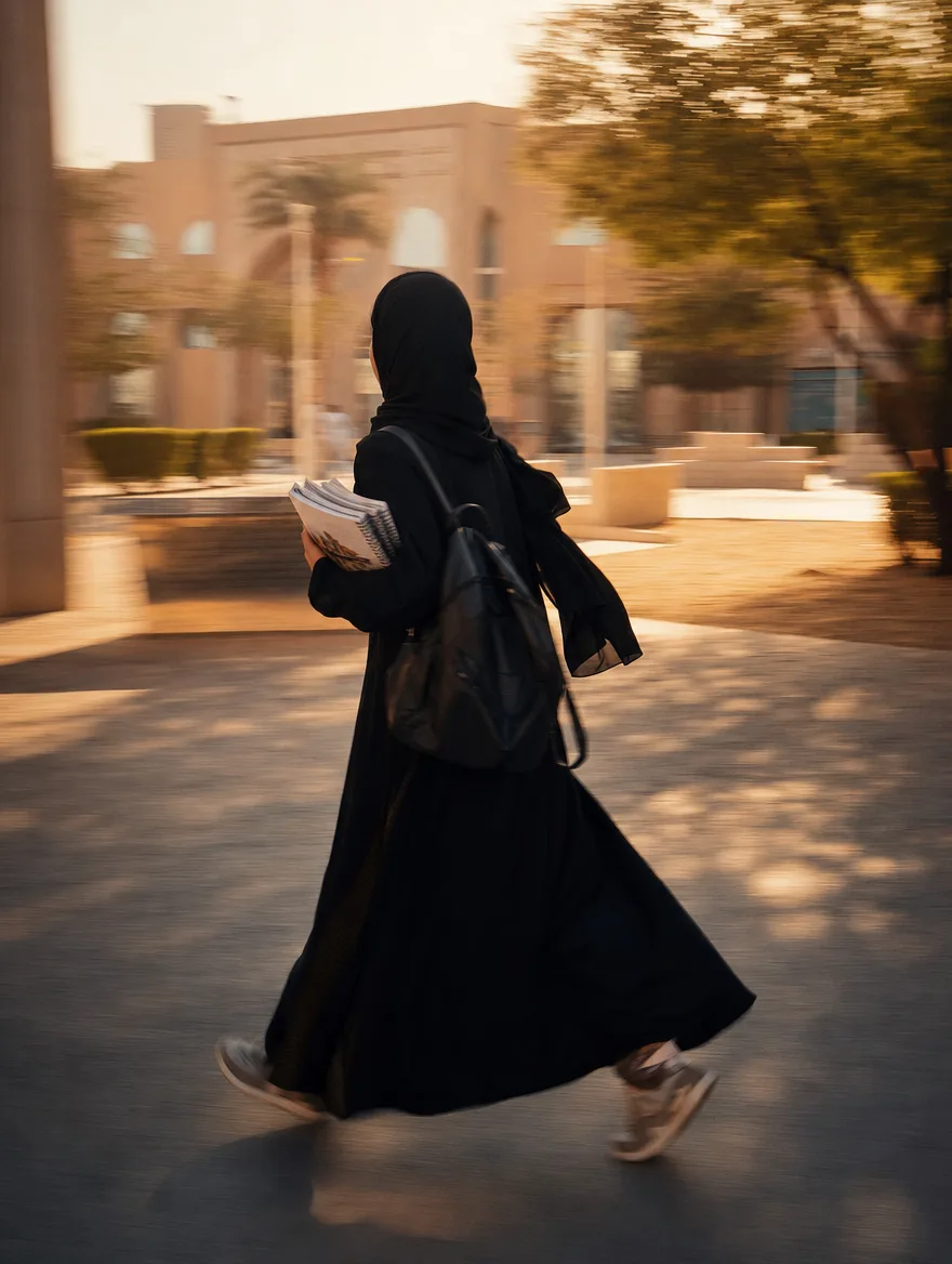 طالبة تمشي بسرعة في ساحة الجامعة، صورة دافئة فيها حركة
