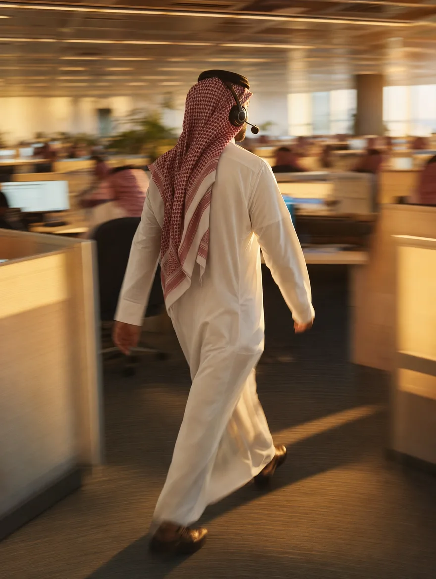 موظف خدمة عملاء بسماعة رأس يمشي بسرعة بين المكاتب، صورة دافئة فيها حركة